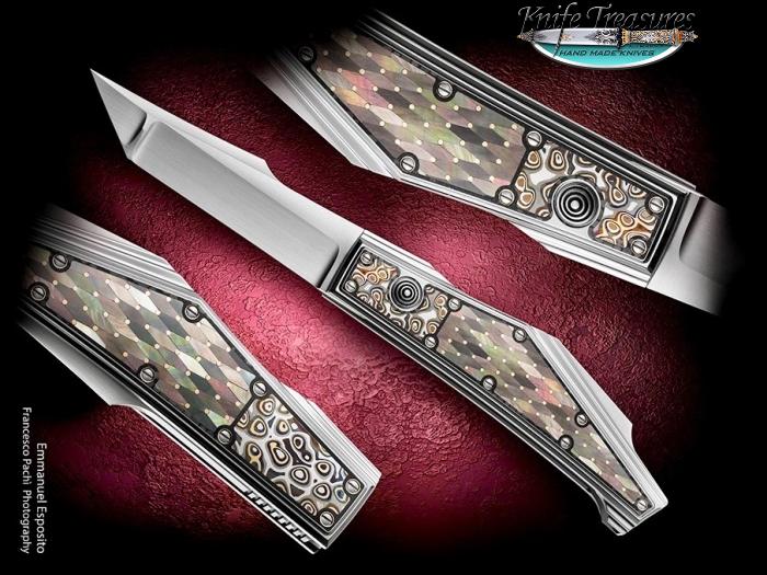 Custom Folding-Inter-Frame, Piston Lock, RWL-34 Steel, Mosaic BLP with Gold Pins Knife made by Emmanuel Esposito