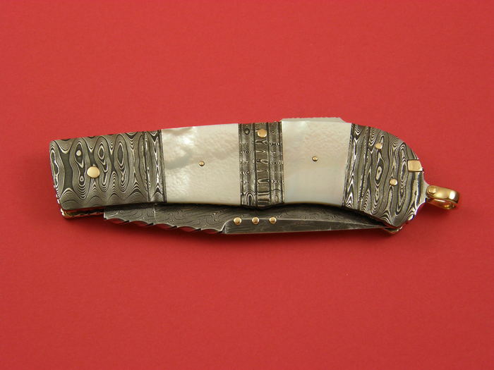 Custom Folding-Bolster, Lock Back, Damascus Steel by Maker, Mother Of Pearl Knife made by Kaj Embretsen