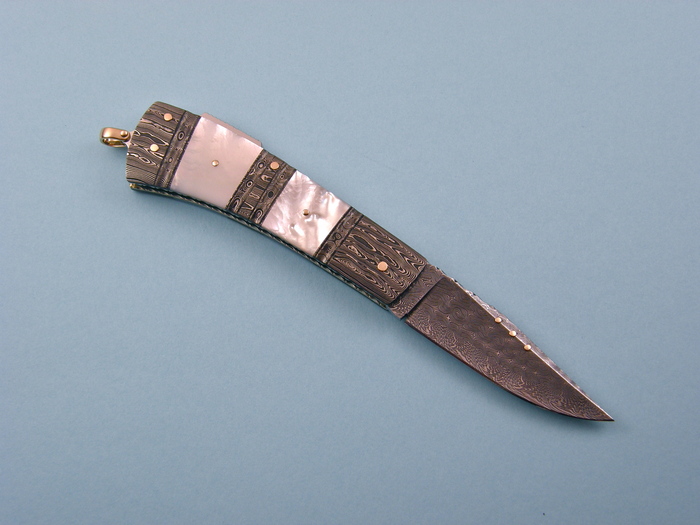 Custom Folding-Bolster, Lock Back, Damascus Steel by Maker, Mother Of Pearl Knife made by Kaj Embretsen
