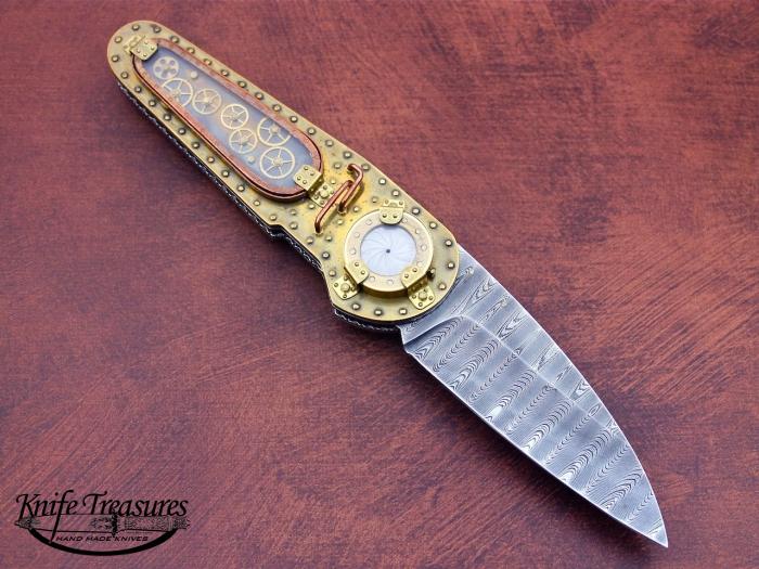 Custom Folding-Inter-Frame, Liner Lock, Ladder Pattern Damascus by Maker, Copper/Glass Knife made by Van  Barnett
