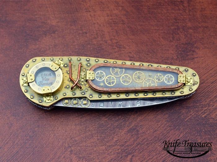 Custom Folding-Inter-Frame, Liner Lock, Ladder Pattern Damascus by Maker, Copper/Glass Knife made by Van  Barnett