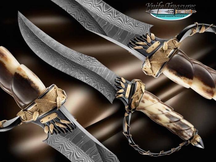 Custom Fixed Blade, N/A, Damascus Steel by Maker, Fossilized Walrus  Knife made by Van  Barnett