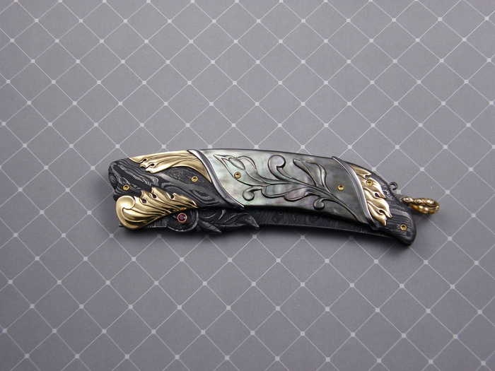 Custom Folding-Bolster, Liner Lock, Damascus Steel, Carved Black Lip Pearl Knife made by Don Vogt
