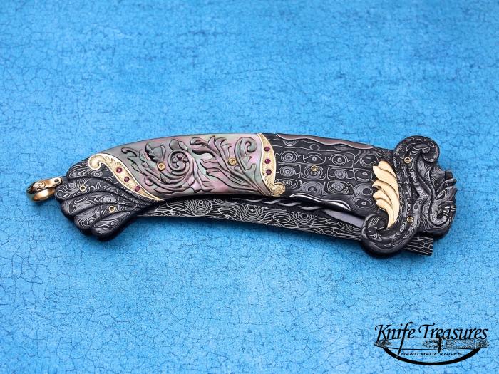 Custom Folding-Inter-Frame, Liner Lock, Engraved Damascus, Carved Black Lip Pearl & Gold    MOP Knife made by Don Vogt