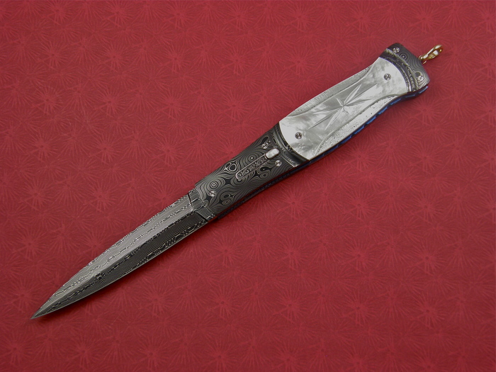 Custom Folding-Bolster, Liner Lock, Damascus Steel, Mother Of Pearl Knife made by Larry Newton