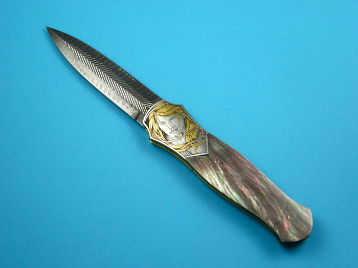 Custom Folding-Bolster, Liner Lock, Owen Wood Chevron Damascus, Black Lip Pearl Knife made by Owen  Wood