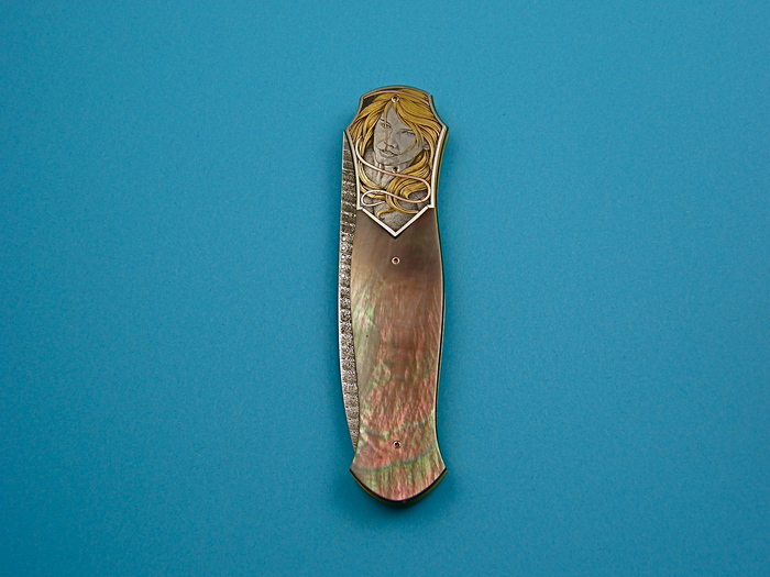 Custom Folding-Bolster, Liner Lock, Owen Wood Chevron Damascus, Black Lip Pearl Knife made by Owen  Wood