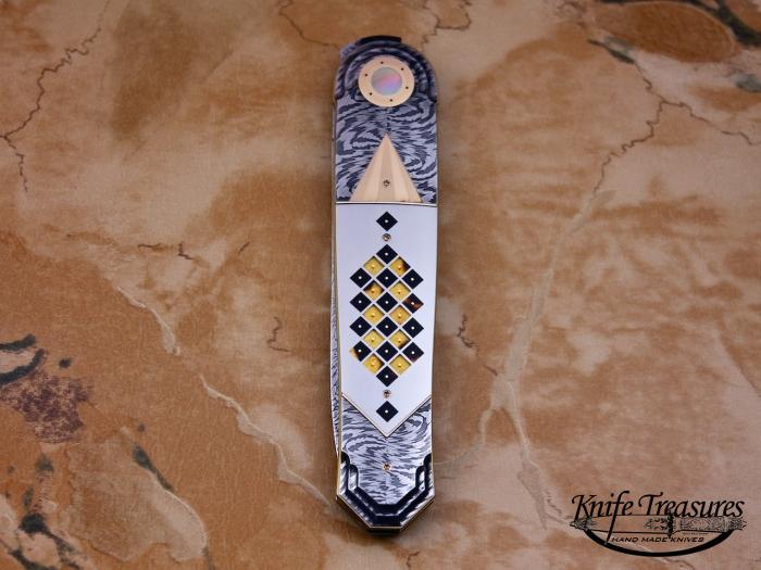 Custom Folding-Inter-Frame, Liner Lock, Owen Wood Chevron Damascus, Gold, BLP, Exotic Material Knife made by Owen  Wood