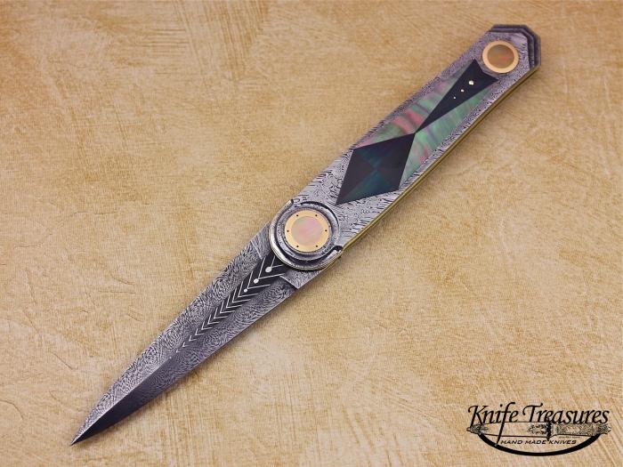 Custom Folding-Inter-Frame, Liner Lock, Herringbone & Explosion Damascus, BLP, Gold, & Blued Steel Knife made by Owen  Wood