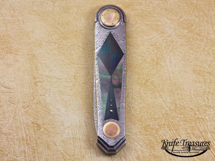 Custom Folding-Inter-Frame, Liner Lock, Herringbone & Explosion Damascus, BLP, Gold, & Blued Steel Knife made by Owen  Wood