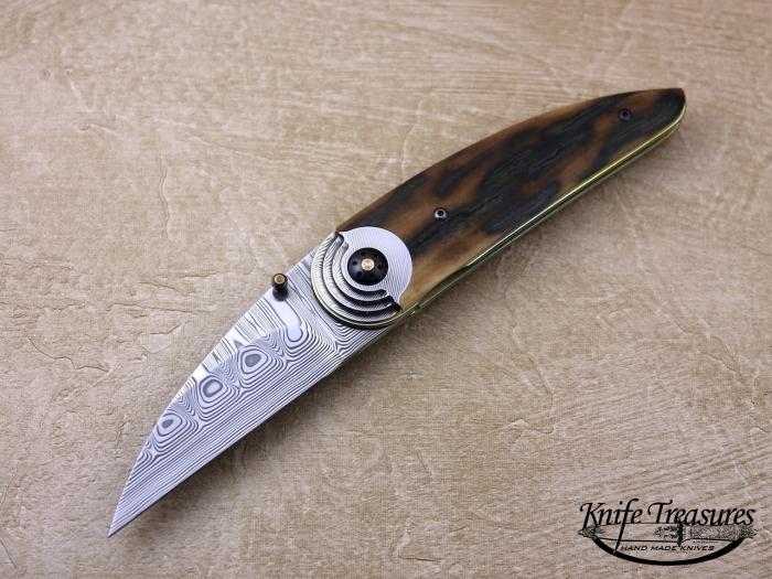 Custom Folding-Bolster, Liner Lock, Raindrop Stainless Damascus, Fossilized Mammoth Knife made by Owen  Wood