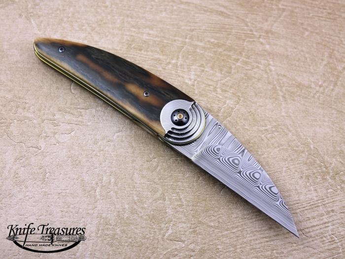 Custom Folding-Bolster, Liner Lock, Raindrop Stainless Damascus, Fossilized Mammoth Knife made by Owen  Wood