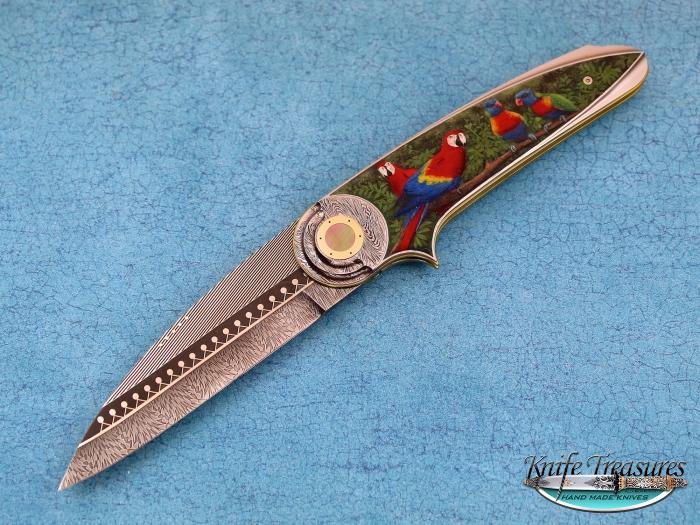 Custom Folding-Inter-Frame, Liner Lock, Damascus Steel by Maker, Carved and Color Engraved Knife made by Owen  Wood