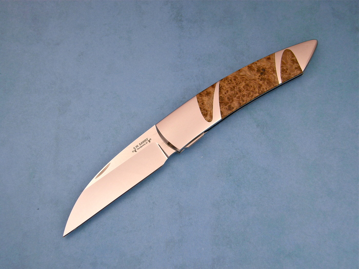 Custom Folding-Inter-Frame, Self Lock, ATS-34 Stainless Steel, Black Ash Burlwood Knife made by Scott Sawby