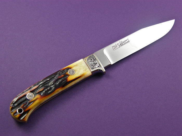 Custom Fixed Blade, N/A, ATS-34 Steel, Amber Stag Knife made by Steve SR Johnson