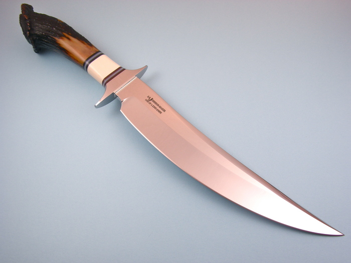 Custom Fixed Blade, N/A, ATS-34 Steel, Antique Ivory/Red Amber Crown Stag Knife made by Steve SR Johnson