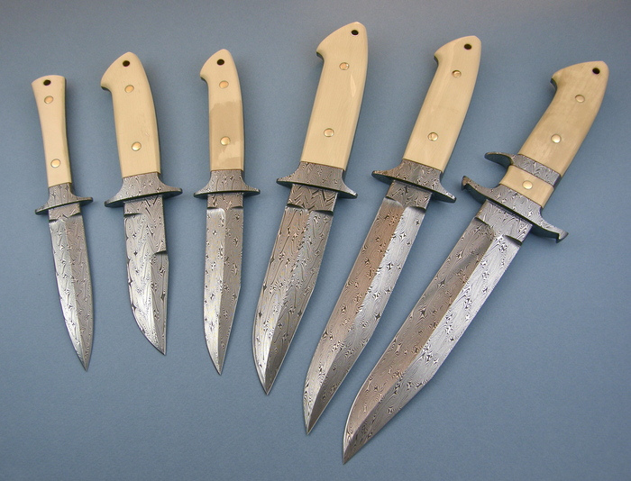 Custom Fixed Blade, N/A, Damascus Steel, Mammoth Interior Ivory with Domed Gold Pins Knife made by Steve SR Johnson