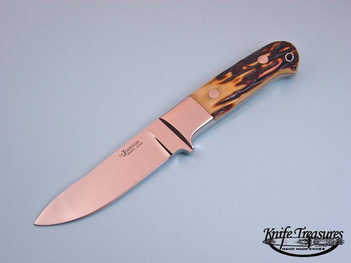 Custom Fixed Blade, N/A, ATS-34 Steel, Amber Stag Knife made by Steve SR Johnson