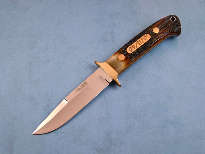 Custom Fixed Blade, N/A, World Trade Center Steel, Amber Stag Knife made by Steve SR Johnson