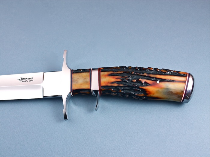 Custom Fixed Blade, N/A, ATS-34 Stainless Steel, Amber Stag Knife made by Steve SR Johnson