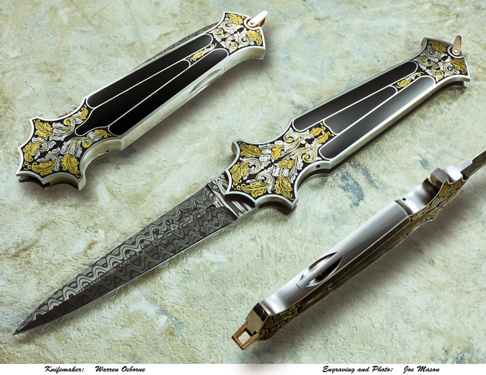 Custom Folding-Inter-Frame, Lock Back, Damascus Steel, Black Edward's Jade Knife made by Warren Osborne