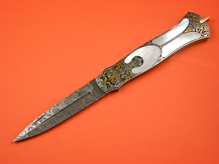 Custom Folding-Inter-Frame, Lock Back, Damascus Steel, Mother Of Pearl Knife made by Warren Osborne