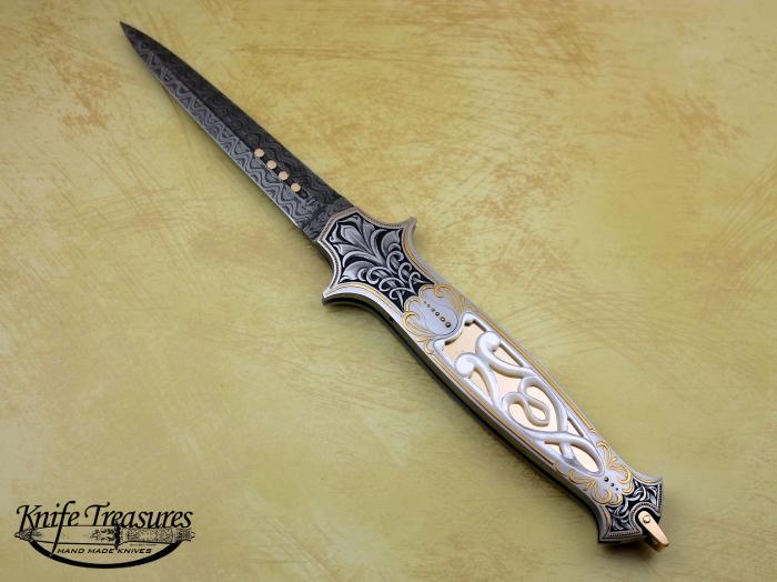 Custom Folding-Inter-Frame, Lock Back, Mike Norris Ladder Pattern Damascus Steel, Gold & Carved Mother Of Pearl Knife made by Warren Osborne