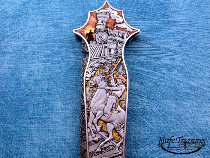 Custom Folding-Inter-Frame, Lock Back, Mike Norris Ladder Pattern Damascus Steel, 416 Stainless Steel Knife made by Warren Osborne