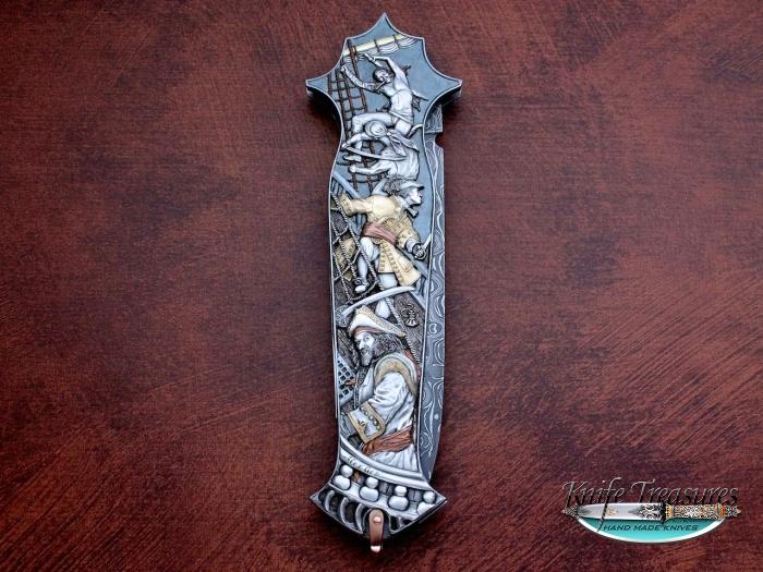 Custom Folding-Inter-Frame, Lock Back, Mike Norris Bent Lighting Damascus, 416 Stainless Steel Knife made by Warren Osborne