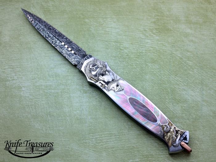 Custom Folding-Inter-Frame, Lock Back, Damascus Steel, Black Lip Pearl Knife made by Warren Osborne