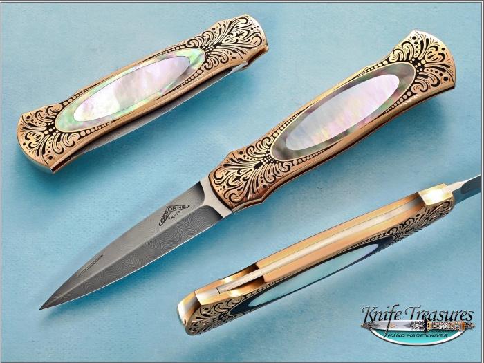 Custom Folding-Inter-Frame, Lock Back, Damascus Stainless Steel, MOP & BLP Inlays Knife made by Warren Osborne