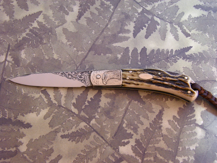 Custom Folding-Bolster, Lock Back, ATS-34 Steel, Natural Stag Knife made by HH Frank