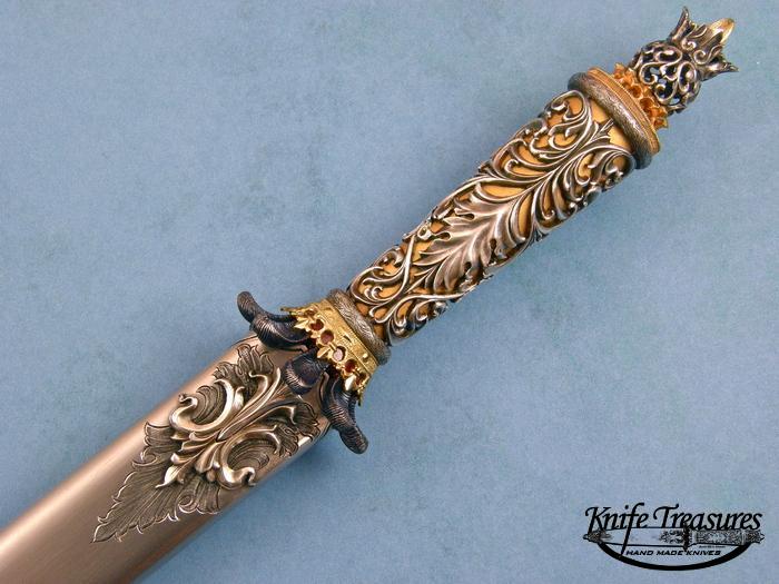 Custom Fixed Blade, N/A, RWL-34 Steel, Carved/Engraved Gold, Silver, Copper Knife made by Alex Gev