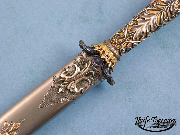 Custom Fixed Blade, N/A, RWL-34 Steel, Carved/Engraved Gold, Silver, Copper Knife made by Alex Gev