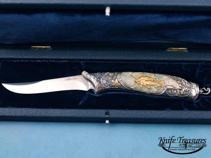 Custom Folding-Inter-Frame, Bale Pull, RWL-34 Steel, Gold, Silver and Bronze Knife made by Alex Gev